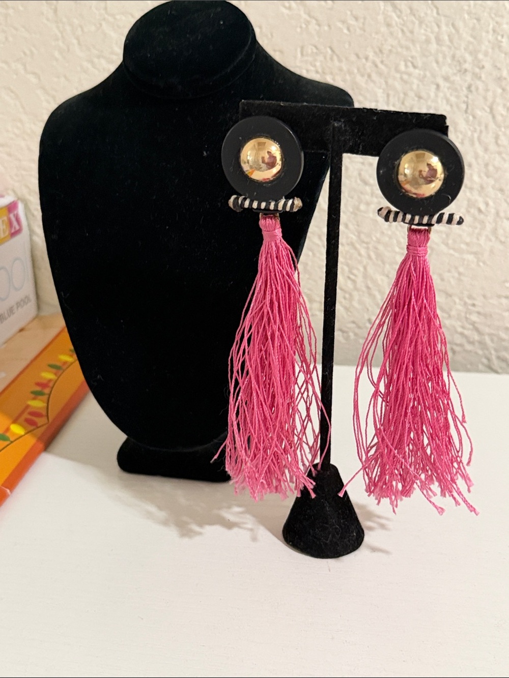 Zara Hot Pink Tassel Drop Earrings with Black & Gold Discs